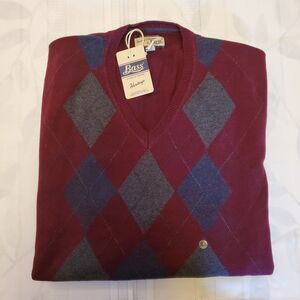 Bass Heritage Collection Men's Argoyle Sweater XL Burgandy with Gray & Blue, NWT